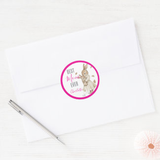 Best Mom Ever, Mom & Baby Rabbit Pink Name Ronde Sticker