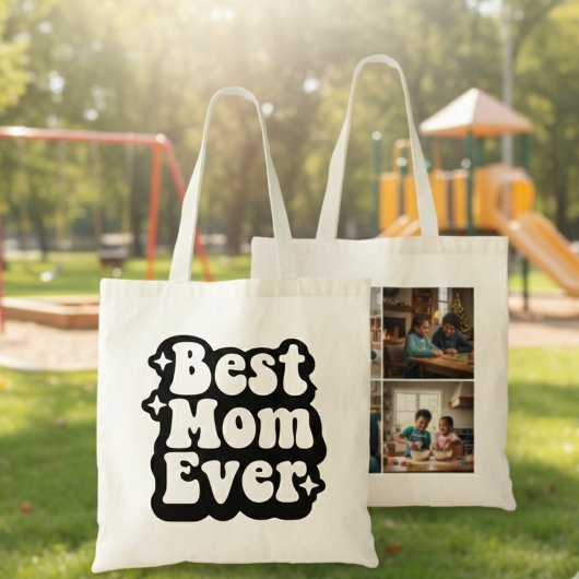 Best Mom Ever Retro Groovy 4 Photo Collage Tote Bag