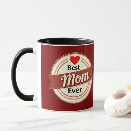Best Mom Ever Retro Ribbon Emblem Mok (Met donut)