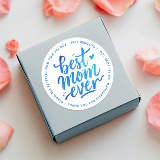 Best Mother Ever Modern Blue White Brush Script Ronde Sticker