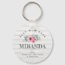 Best Mum Ever White wood and roze bloemen Sleutelhanger