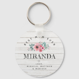 Best Mum Ever White wood and roze bloemen Sleutelhanger