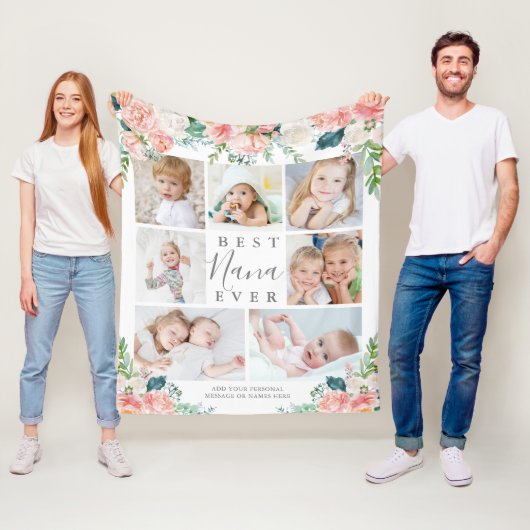 BEST NANA OOIT Roze Floral 7 Foto gepersonaliseerd Fleece Deken (In situ)