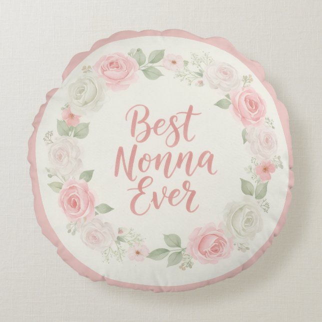Best Nonna Ever Pink & Green Floral Wreath Rond Kussen (Voorkant)