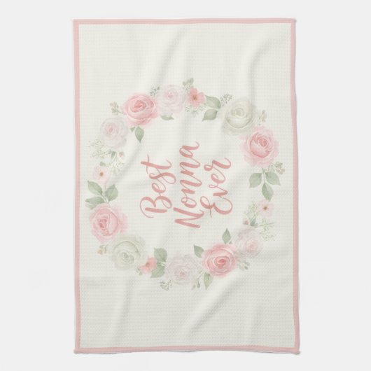 Best Nonna Ever Pink & Green Floral Wreath Theedoek (Verticaal)