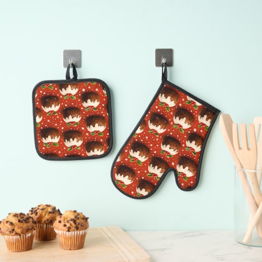 Best of Christmas pudding pattern oven mitt and po Ovenwant & Pannenlap Set (Insitu(Ophanging))
