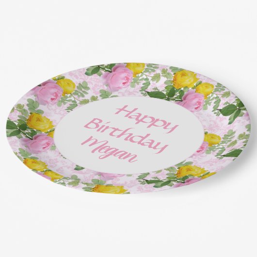Best roze gele rozen Happy Birthday Floral Papieren Bordje (Gekanteld)