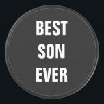 Best Son Ever Vaderdag Birthday Cadeau Custom Hockey Puck<br><div class="desc">Gedrukt met solide zwarte achtergrond en tekst sjabloon voor "Beste zoon ooit" geeft een prachtig geschenk van vader op zoon op Vaderdag of je kunt de tekst ook aanpassen om persoonlijke cadeaus te maken, feestelijke gunsten enz. voor Vaderdag, verjaardagen, bruiloften, jubileum enz. U kunt ook de achtergrondkleur wijzigen zoals u...</div>