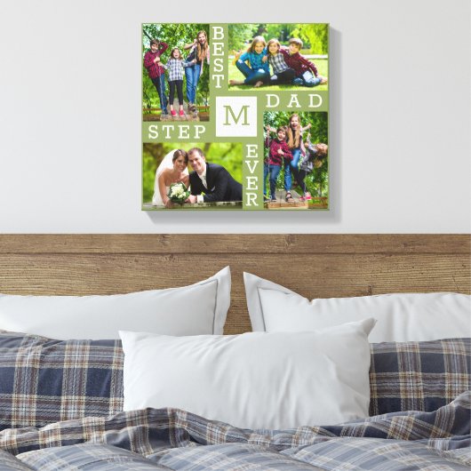 Best Stepdad Ever Moss Green 4 Photo Collage Canvas Afdruk (Insitu (Slaapkamer))
