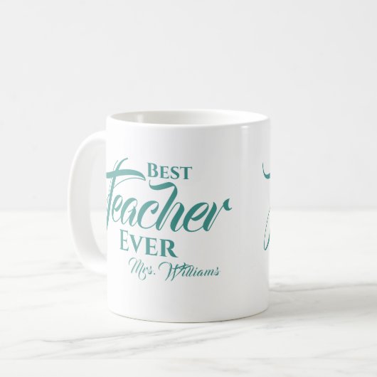 Best Teacher Ever Blauwgroen Name Script Typografi Koffiemok (Voorkant links)
