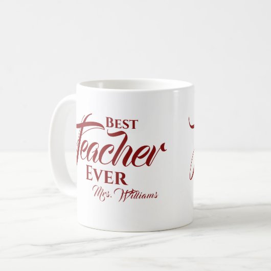 Best Teacher Ever Burgundy Typography Name Script Koffiemok (Voorkant links)