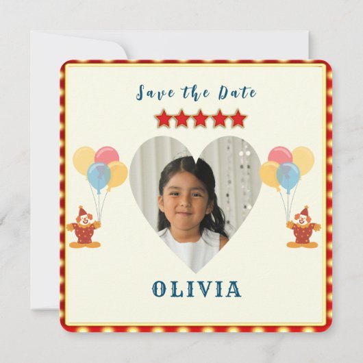 BESTE 5E verjaardag Party Circus Thema Save The Date (Achterkant)