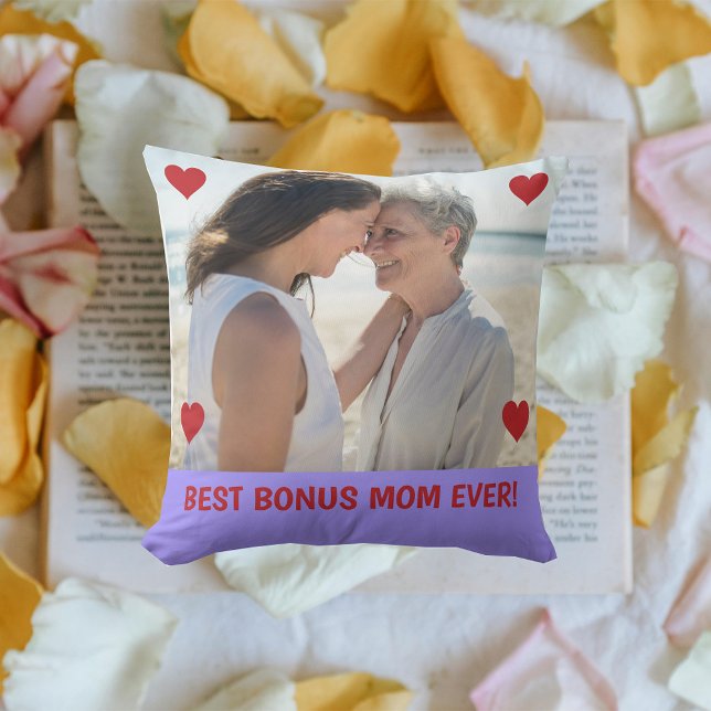 Beste Bonus Moeder Ooit Foto Harten Moederdag Bday Kussen (Best Bonus Mom EVER! Hearts on Personalized Photo. Modern Mother's Day gift for Stepmom / Second Mom)