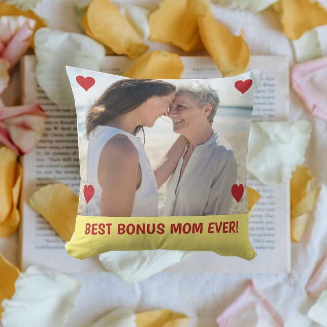 Beste Bonus Moeder Ooit Foto Harten Moederdag Bday Kussen (Best Bonus Mom EVER! Hearts on Personalized Photo. Modern Mother's Day gift for Stepmom / Second Mom)