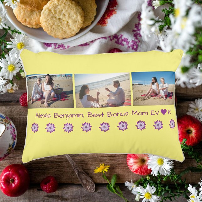 Beste Bonus Moeder Ooit, w / hart. Naam + 3 foto's Accent Kussen (Best Bonus Mom Ever. Heart. Personalized Name. 3 photos collage. Mother's Day. Stepmom Second mother)