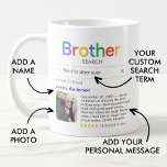 Beste Brother ooit Zoekresultaten Foto & bericht Koffiemok<br><div class="desc">Vertel je broer dat hij het beste is met deze moderne mok, met een 'Search'-logo met één zoekresultaat voor 'Beste broer ooit', bestaande uit de naam van je broer, een foto, je persoonlijke boodschap en een 5-sterrenrating. Als je hulp nodig hebt bij het aanpassen van deze gegevens, kun je me...</div>