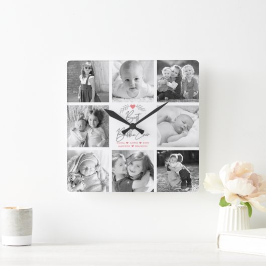 Beste Bubbie Ooit Modern Script 8 Fotocollage Vierkante Klok (Huis)
