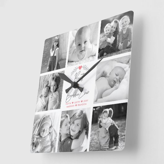 Beste Bubbie Ooit Modern Script 8 Fotocollage Vierkante Klok (Hoek)