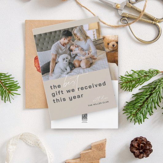 Beste cadeau foto Beige vakantie geboorte aankondi Feestdagenkaart