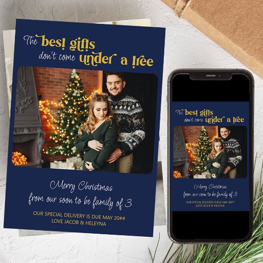 Beste Cadeaus Familie van 3 Twee Foto Blauwe Zwang Feestdagenkaart