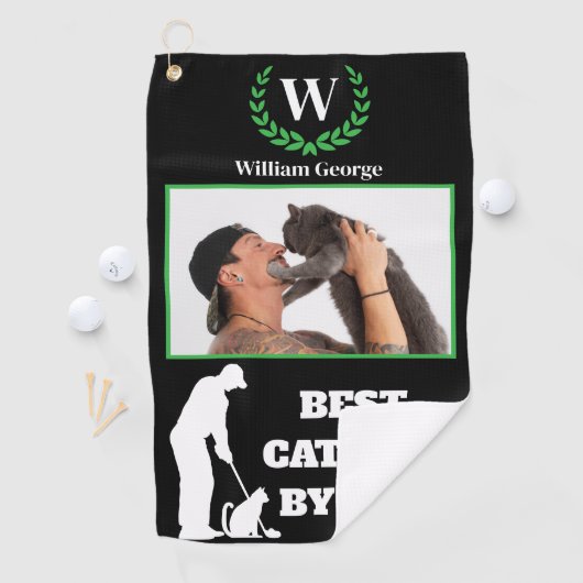 Beste Cat Dad By Par Met Aangepaste Foto & Monogra Golfhanddoek (Insitu)