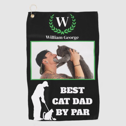 Beste Cat Dad By Par Met Aangepaste Foto & Monogra Golfhanddoek (Voorkant)