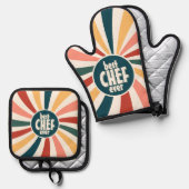 Beste Chef Ooit Kleurrijke Retro Patroon Koken Ovenwant & Pannenlap Set (Voorkant / Achterkant)