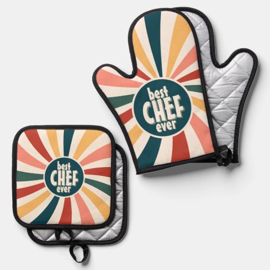 Beste Chef Ooit Kleurrijke Retro Patroon Koken Ovenwant & Pannenlap Set (Voorkant / Achterkant)