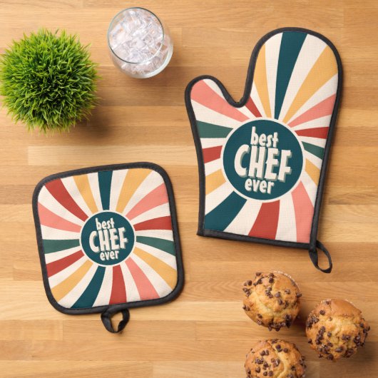 Beste Chef Ooit Kleurrijke Retro Patroon Koken Ovenwant & Pannenlap Set (Top down)