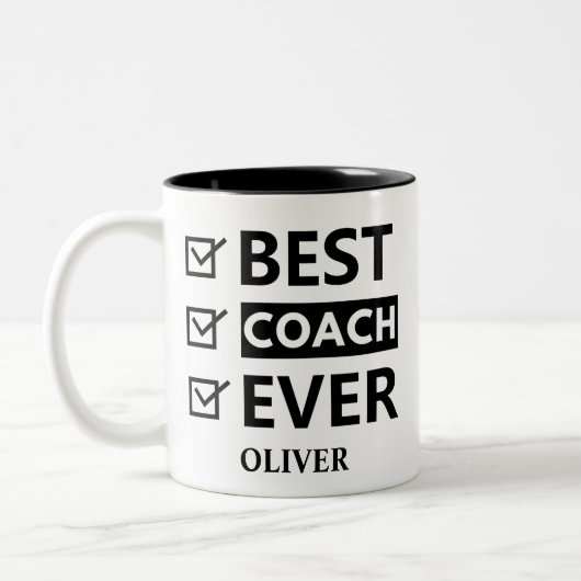 Beste coach Ooit Checklist – Custom Name Gift Tweekleurige Koffiemok (Links)