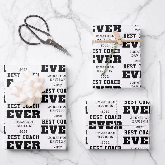 Beste coach ooit naam jaar wit zwart inpakpapier vel (Voorkant)