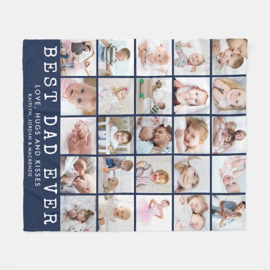BESTE DAD EVER 25 Photo Collage Navy Blue White Fleece Deken (Voorkant (Horizontaal))