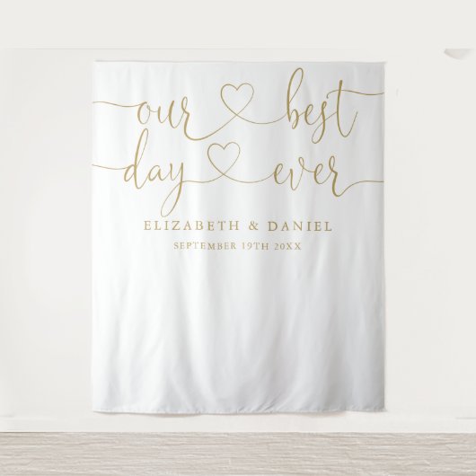 Beste Dag Goud Hart Script Bruiloft Foto Achtergro Wandkleed (Voorkant)