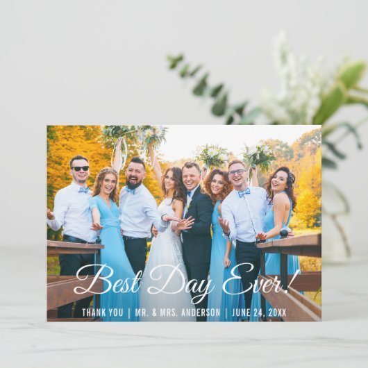 Beste dag ooit bruiloft dank u fotokaart bedankkaart (Staand voorkant)