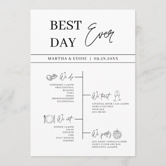 Beste dag ooit bruiloft tijdlijn programmakaart (Voorkant)