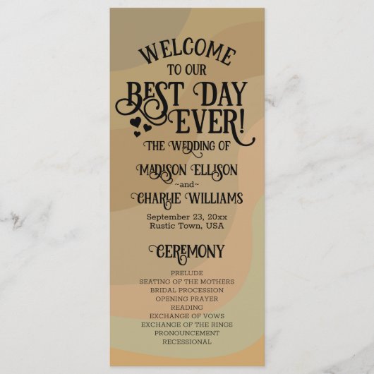 Beste dag ooit Earthtone Retro Swirls Bruiloft Programmakaart (Voorkant)