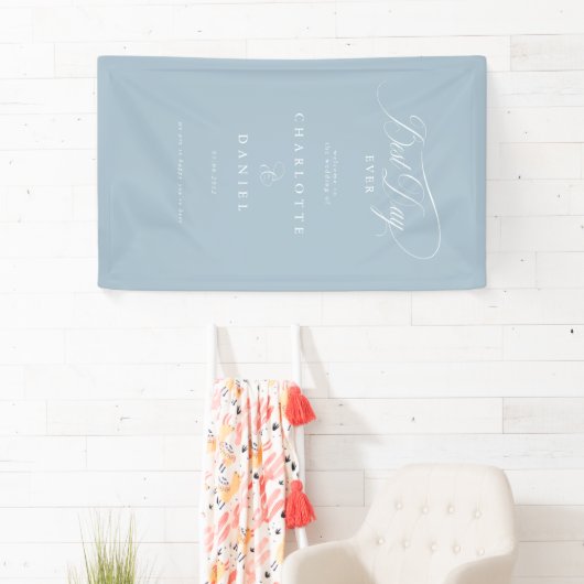 BESTE DAG OOIT! Elegante, poederblauwe trouwbanner Spandoek (Insitu)