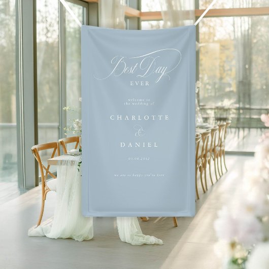 BESTE DAG OOIT! Elegante, poederblauwe trouwbanner Spandoek
