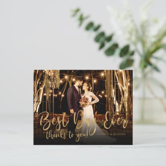 Beste dag ooit Gold Script Photo Wedding Bedankt Briefkaart (Staand voorkant)