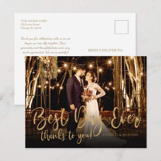 Beste dag ooit Gold Script Photo Wedding Bedankt Briefkaart (Voorkant / Achterkant)