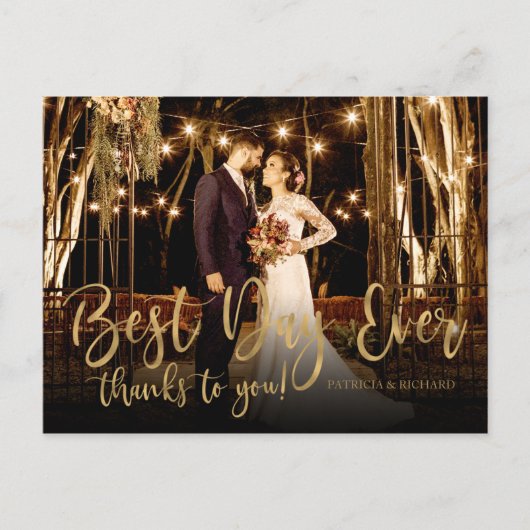 Beste dag ooit Gold Script Photo Wedding Bedankt Briefkaart (Voorkant)