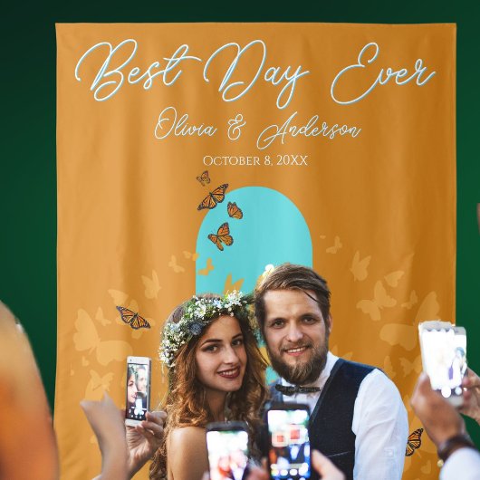 Beste dag ooit Gouden Aqua Monarch Butterfly Weddi Wandkleed