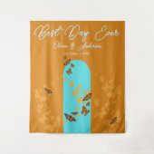 Beste dag ooit Gouden Aqua Monarch Butterfly Weddi Wandkleed (Voorkant)