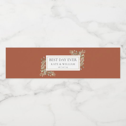 Beste dag ooit groen gebladerte terracotta bruilof waterfles etiket (Enkel label)