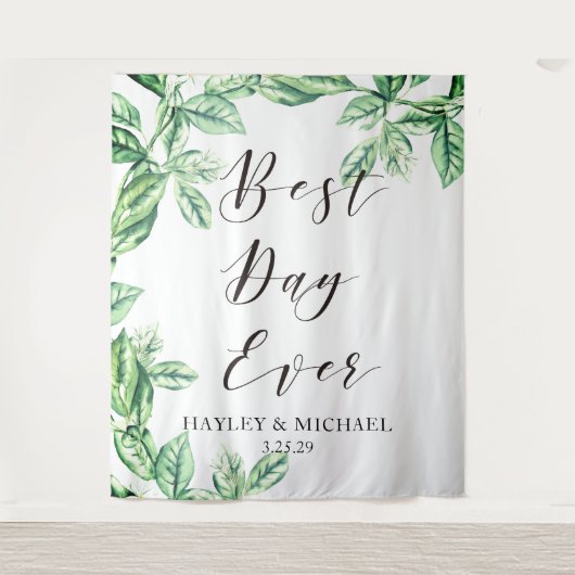 Beste dag ooit groen Huwelijk Foto Achtergrond Wandkleed (Voorkant)