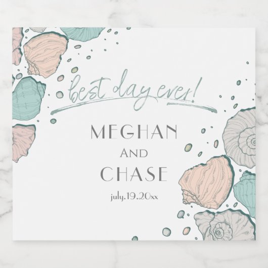 Beste dag ooit koraal en Blauwgroen schelpen Sparkling Wijnetiket (Enkel label)