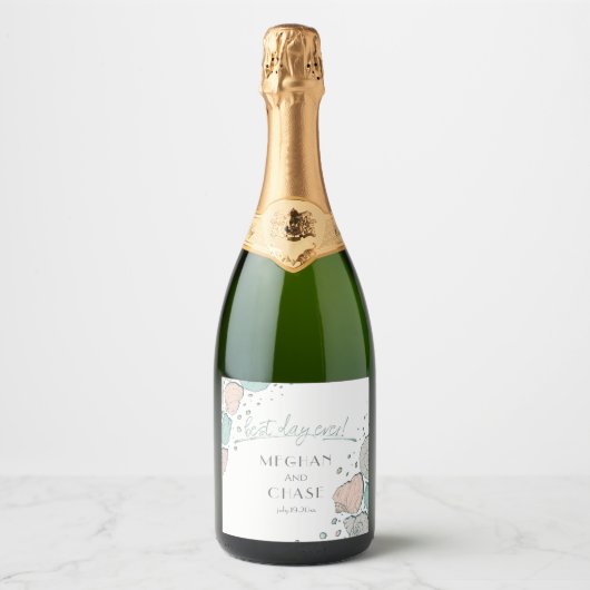 Beste dag ooit koraal en Blauwgroen schelpen Sparkling Wijnetiket (Voorkant)