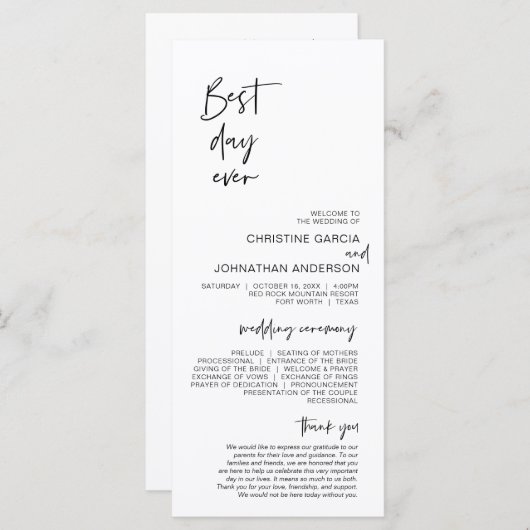 Beste dag ooit, Modern Minimalistisch huwelijkspro Programmakaart (Voorkant / Achterkant)
