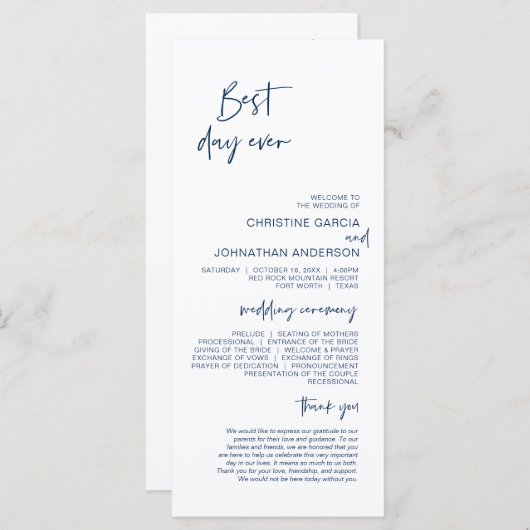 Beste dag ooit, Modern Navy Blue Wedding Program Programmakaart (Voorkant / Achterkant)