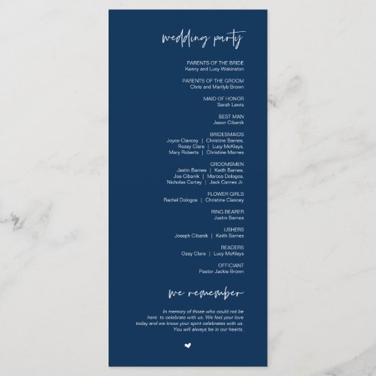 Beste dag ooit, Modern Navy Blue Wedding Program Programmakaart (Achterkant)
